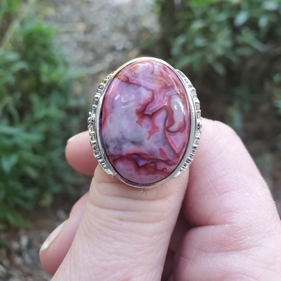 New Crazy Lace Agate Adjustable 925 Silver Unisex Ring. - Picture 8 of 16